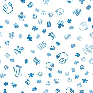 Set line Trash can, Electric saving plug in leaf and on seamless pattern. Vector Illustrazione stock
