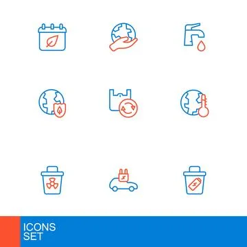 Set line Trash can, Electric car, Infectious waste, Earth melting to global.. Stock Illustration