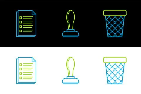Set line Trash can, File document and Stamp icon. Vector Stock Illustration