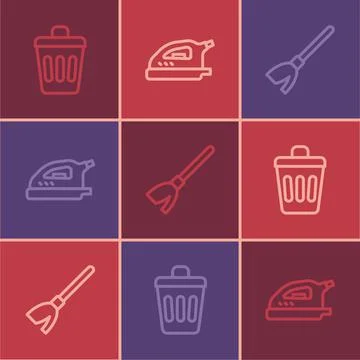 Set line Trash can, Handle broom and Electric iron icon. Vector Illustration