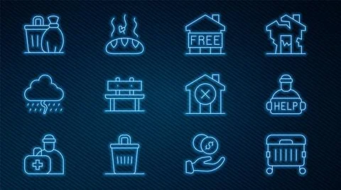 Set line Trash can, Help homeless, Shelter for, Bench, Cloud with rain, No house Stock Illustration