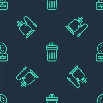 Set line Trash can, Hookah and No smoking time on seamless pattern. Vector Stock Illustration