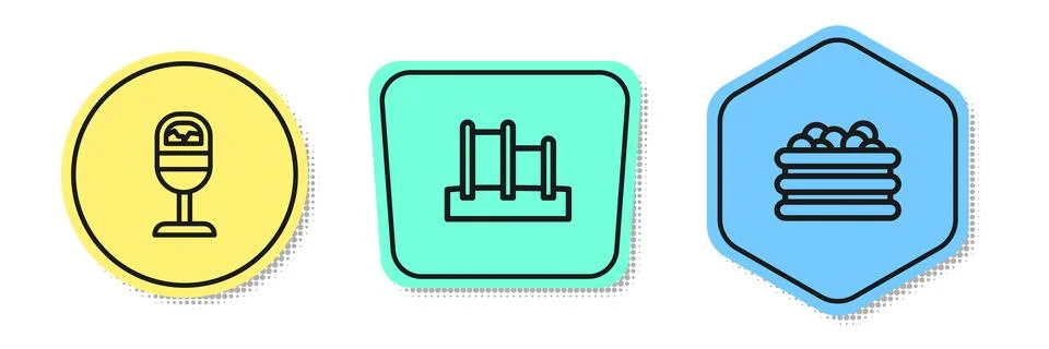 Set line Trash can, Horizontal bar and Pool with balls. Colored shapes. Vector Illustrazione stock