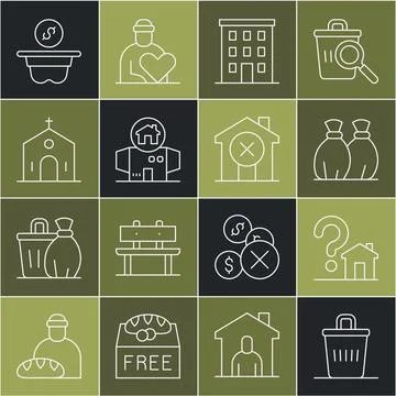 Set line Trash can, House with question mark, Garbage bag, Multi storey building Ilustración de archivo
