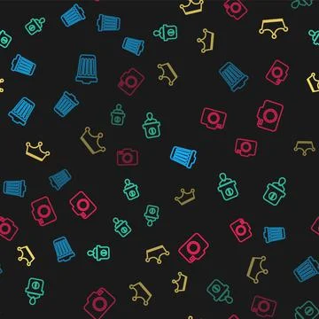 Set line Trash can, Information desk, Crown and Photo camera on seamless pattern Illustrazione stock