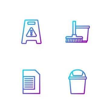 Set line Trash can, Laundry detergent, Wet floor and Mop and bucket. Gradient Stock-Illustration