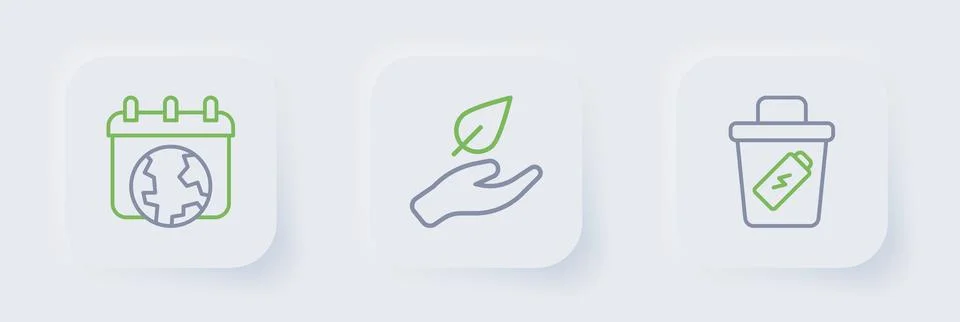 Set line Trash can, Leaf in hand and World Earth day icon. Vector Stock Illustration