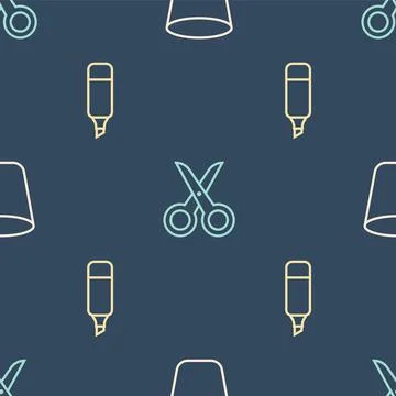Set line Trash can, Marker pen and Scissors on seamless pattern. Vector Stockillustratie