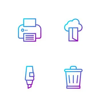 Set line Trash can, Marker pen, Printer and Cloud database. Gradient color icons Stock-Illustration