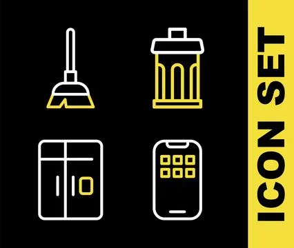 Set line Trash can, Mobile Apps, Refrigerator and Handle broom icon. Vector Illustration