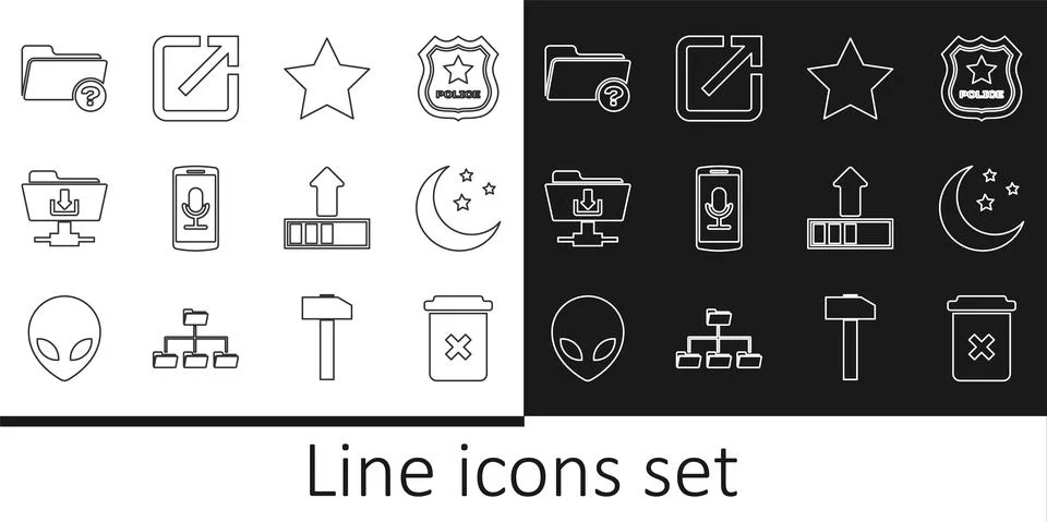 Set line Trash can, Moon and stars, Star, Mobile recording, FTP folder download Stock Illustration