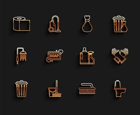Set line Trash can, Mop and bucket, Toilet paper roll, Brush for cleaning, bowl Stock-Illustration