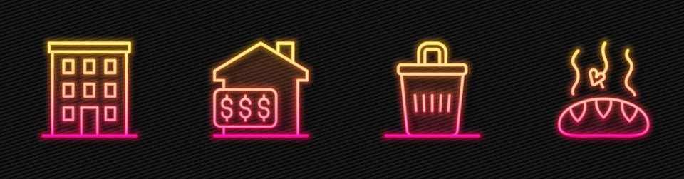 Set line Trash can, Multi storey building, House with dollar and Donation food Ilustración de archivo