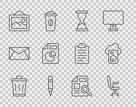 Set line Trash can, Office chair, Old hourglass, Pencil, Picture landscape Illustrazione stock