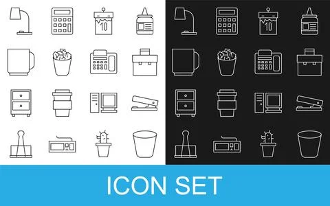 Set line Trash can, Office stapler, Briefcase, Calendar, Full trash, Coffee.. Stock-Illustration