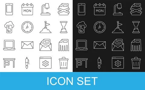 Set line Trash can, Paper shredder, Old hourglass, Table lamp, Clock, Cloud.. Stock Illustration