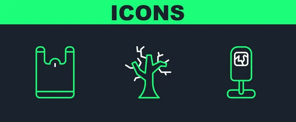 Set line Trash can, Plastic bag and Withered tree icon. Vector Stock Illustration
