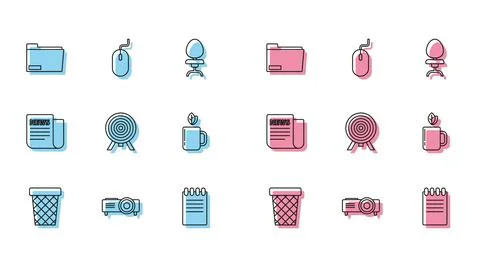 Set line Trash can, Presentation, movie, film, media projector, Document fold Stock-Illustration