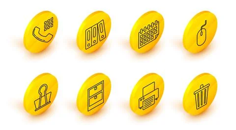 Set line Trash can, Printer, Archive papers drawer, Binder clip, Computer mouse Stock Illustration