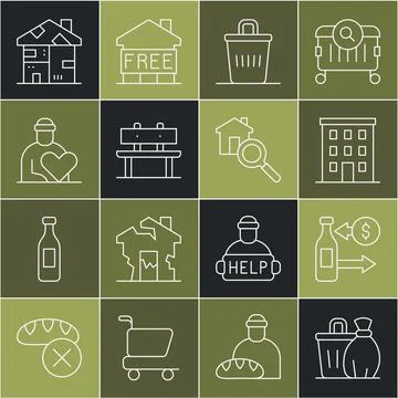 Set line Trash can, Reception of glass bottles, Multi storey building, Bench Ilustración de archivo