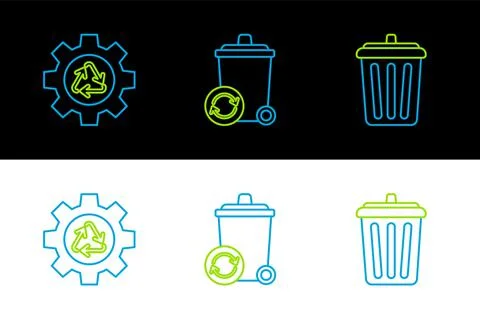 Set line Trash can, Recycle symbol and gear and bin with recycle icon. Vector Stock Illustration