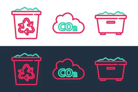 Set line Trash can, Recycle bin with recycle and CO2 emissions cloud icon Illustrazione stock