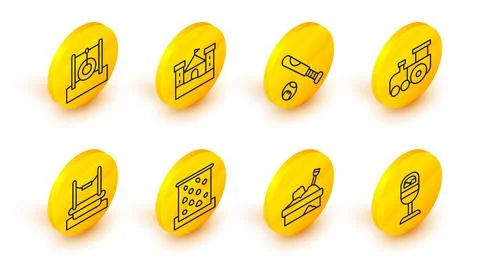 Set line Trash can, Sandbox with sand, Climbing wall, Bungee, Toy train Ilustración de archivo