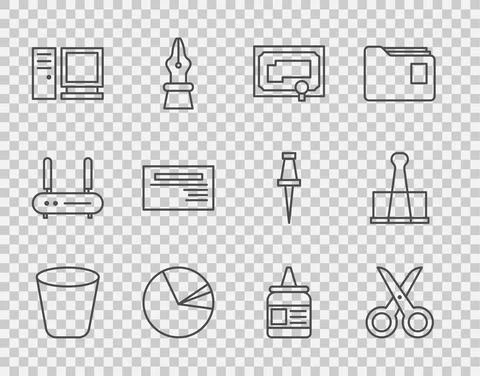 Set line Trash can, Scissors, Certificate template, Pie chart infographic Stock-Illustration