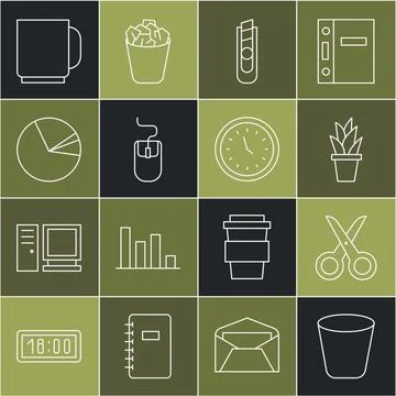 Set line Trash can, Scissors, Plant in pot, Stationery knife, Computer mouse Illustrazione stock