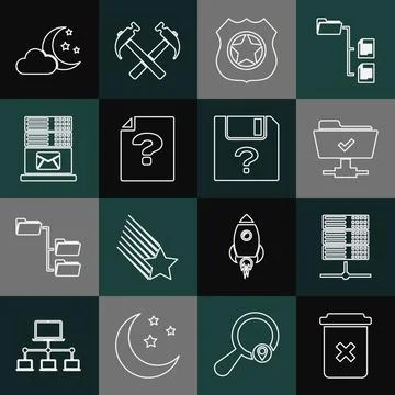 Set line Trash can, Server, Data, Web Hosting, FTP operation successful, Police Stock Illustration
