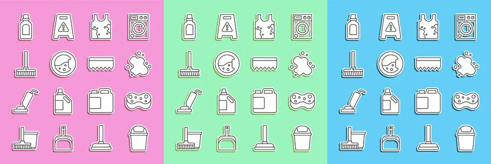Set line Trash can, Sponge, Water spill, Dirty t-shirt, Washer, Handle broom Stock-Illustration