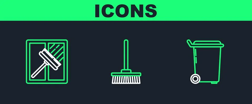 Set line Trash can, Squeegee, scraper, wiper and Mop icon. Vector 스톡 일러스트