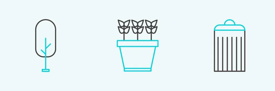 Set line Trash can, Tree and Plants in pot icon. Vector Stock Illustration