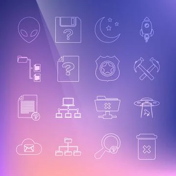 Set line Trash can, UFO abducts cow, Two crossed hammers, Moon and stars Stock Illustration