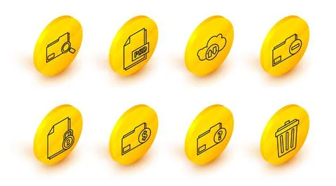 Set line Trash can, Unknown document folder, Finance, Document and lock, with Stock Illustration