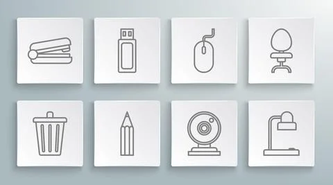 Set line Trash can, USB flash drive, Pencil, Web camera, Table lamp, Computer 스톡 일러스트