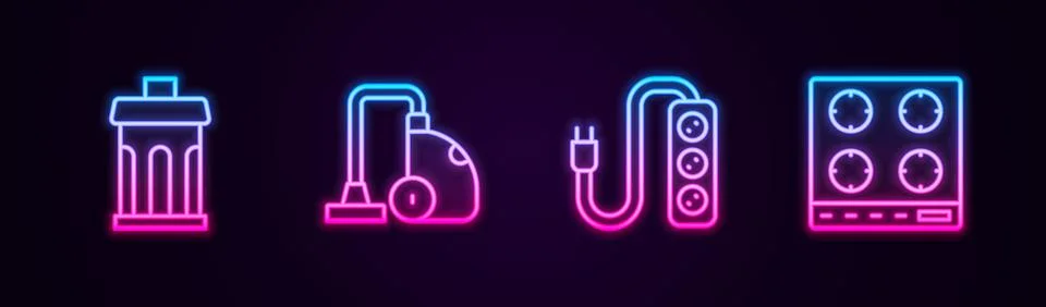 Set line Trash can, Vacuum cleaner, Electric extension and Gas stove. Glowi.. Stock Illustration