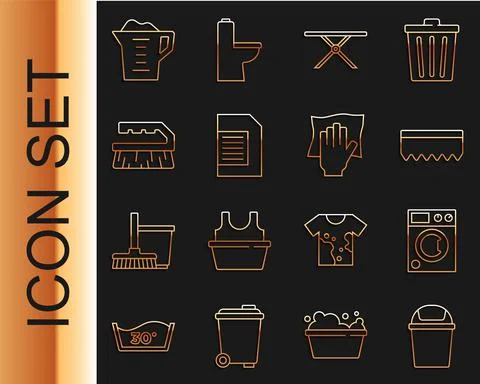 Set line Trash can, Washer, Sponge, Ironing board, Laundry detergent, Brush for Ilustración de archivo