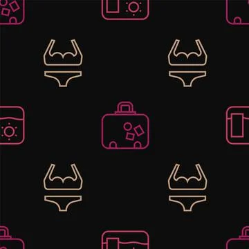 Set line Travel postcard, Swimsuit and Suitcase on seamless pattern. Vector Stock Illustration
