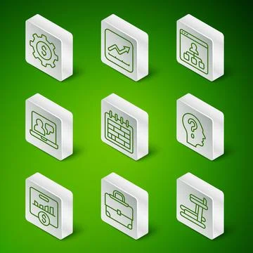 Set line Treadmill machine, Briefcase, Gear with dollar, Calendar, Online Stock-Illustration
