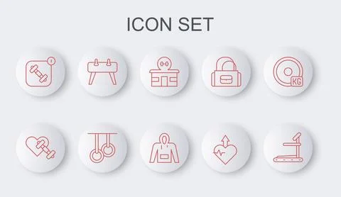 Set line Treadmill machine, Dumbbell with heart, Gym building, Heartbeat Stock Illustration