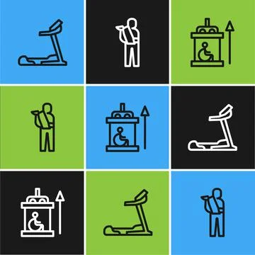 Set line Treadmill machine, Elevator for disabled and Human broken arm icon Stock Illustration