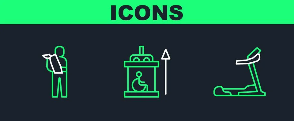 Set line Treadmill machine, Human broken arm and Elevator for disabled icon.. Stock Illustration
