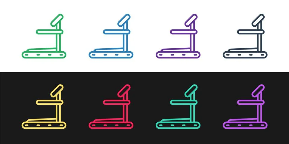 Set line Treadmill machine icon isolated on black and white background.  Vect 스톡 일러스트