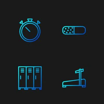 Set line Treadmill machine, Locker or changing room, Stopwatch and Vitamin pill Stock Illustration