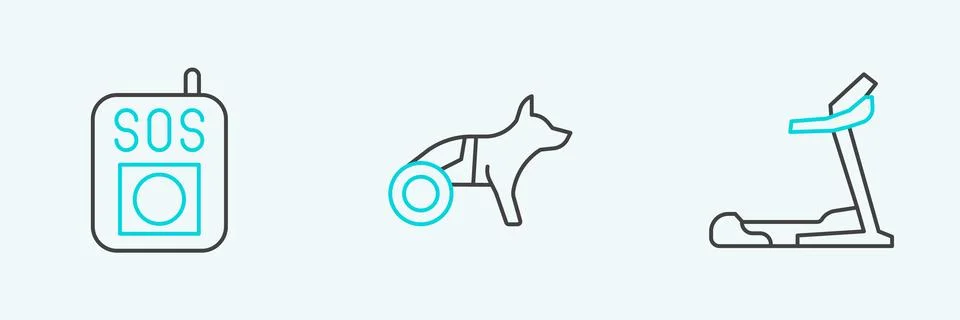 Set line Treadmill machine, Press the SOS button and Dog wheelchair icon. Vector Stock Illustration