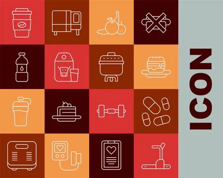 Set line Treadmill machine, Vitamin pill, Junk food, Fruit, Paper package f.. Stock Illustration