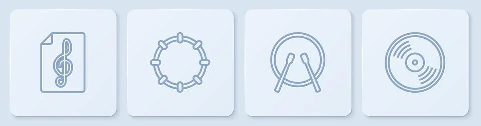 Set line Treble clef, Drum and drum sticks, Tambourine and Vinyl disk. Whit.. Stock Illustration