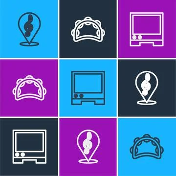 Set line Treble clef, Voice assistant and Tambourine icon. Vector Stock Illustration
