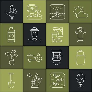 Set line Tree with apple, Bucket, Scarecrow, Automatic irrigation sprinklers, Stock Illustration